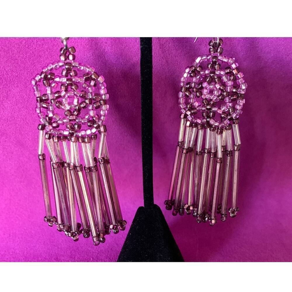 Hand crocheted Purple hues and Clear beaded earrings in Silver plate, Vintage